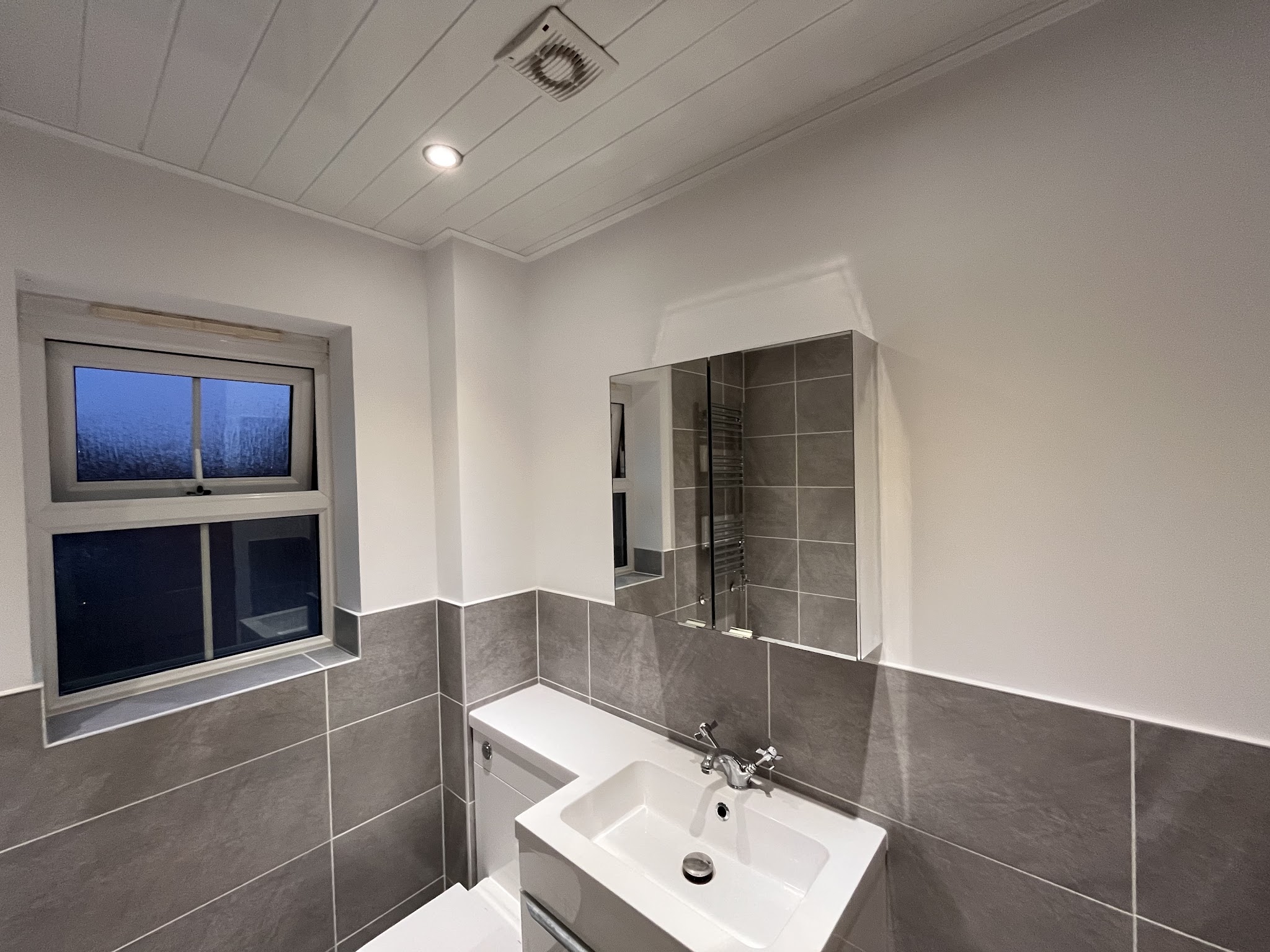 A bathroom with a painted tongue-and-groove ceiling and white walls
